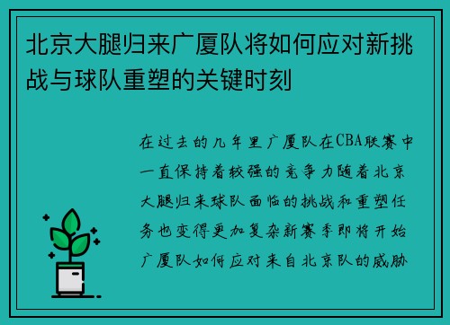 北京大腿归来广厦队将如何应对新挑战与球队重塑的关键时刻