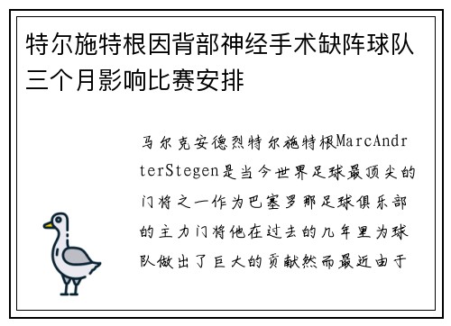 特尔施特根因背部神经手术缺阵球队三个月影响比赛安排 特尔施特根因背部神经手术缺阵球队三个月影响比赛安排